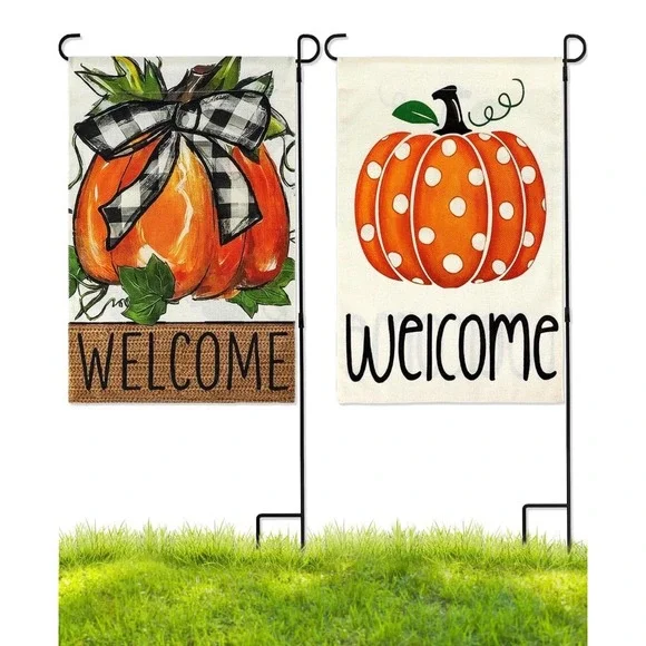 Fall Garden Flags 2 Piece Set Welcome Pumpkin Polka Dot Plaid 12 x 18 Inch - Picture 1 of 3